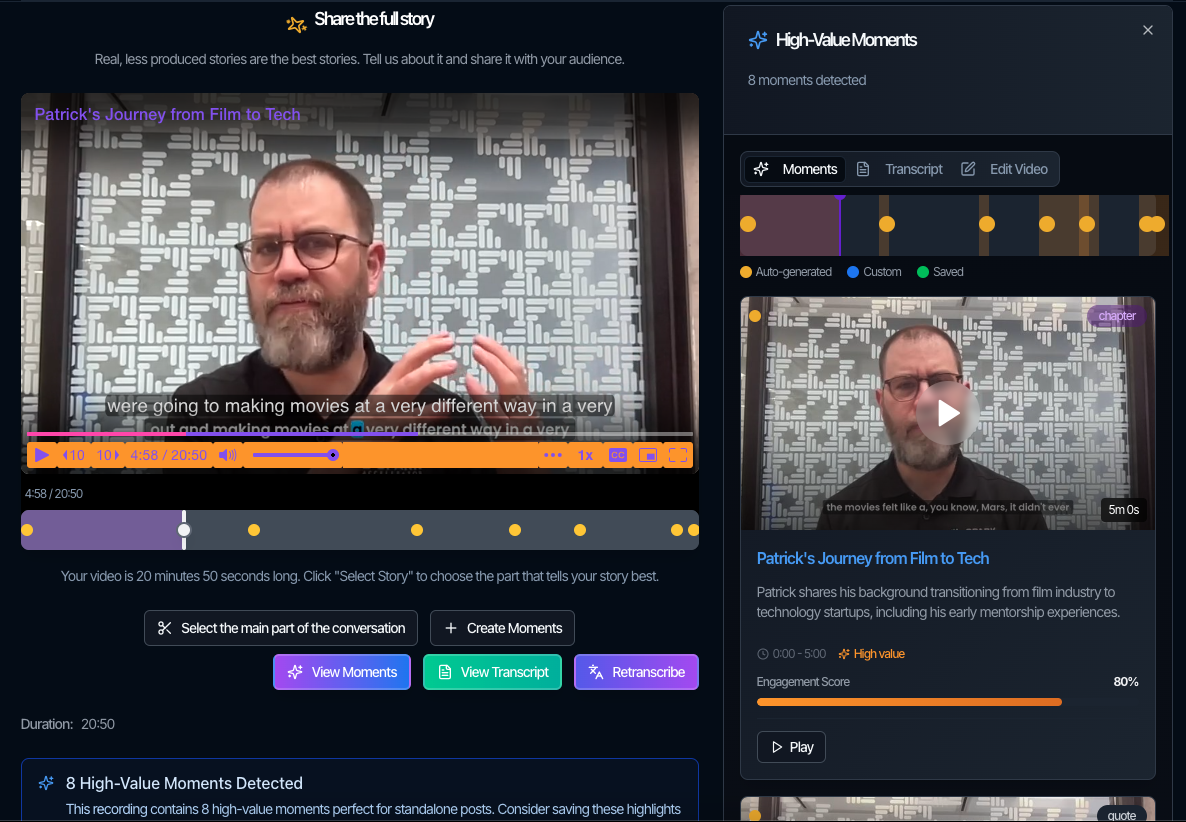 Export moments as LinkedIn posts, video clips, and more